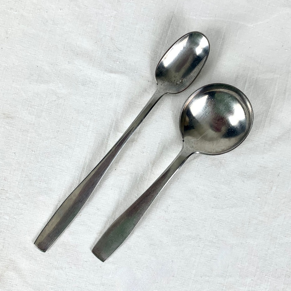 2 pc Georg Jensen Plata Round Soup Spoon and Ice Tea Spoon Vintage Stainless